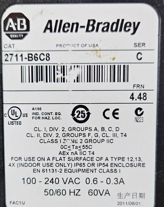 Allen Bradley 2711-B6C8 /C. Panelview 600.      Loc 2C