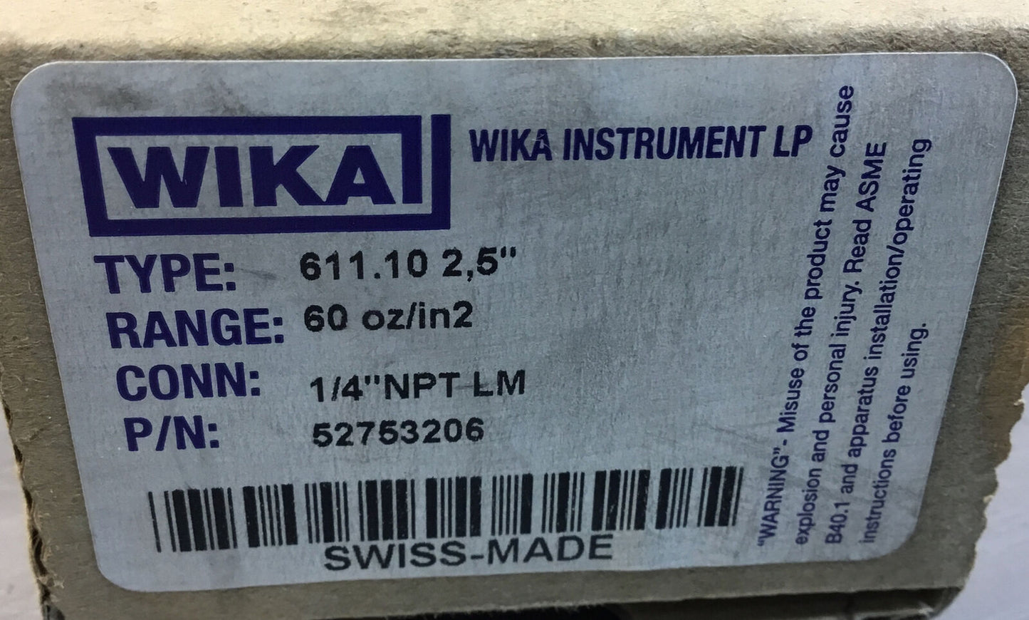 WIKA  52753206  PRESSURE GAUGE TYPE 611.10 2.5" / 1/4" NPT LM  60 oz/in2    6D