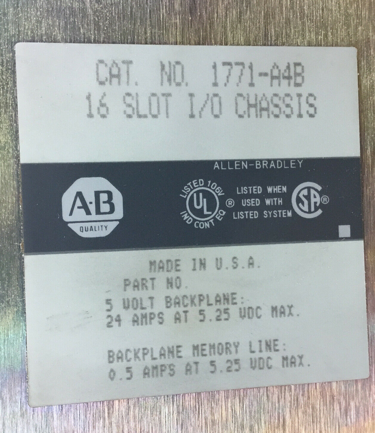Allen Bradley 1771-A4B 16 Slot I/O Chassis      3H