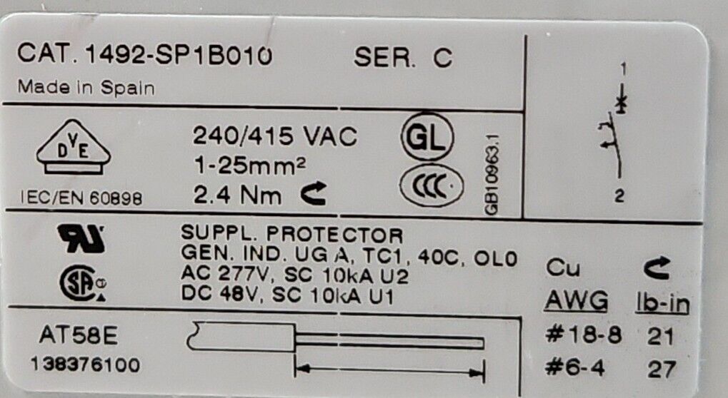 Allen Bradley 1492-SP1B010 Ser C Mini Circuit Breaker.                     4D-21