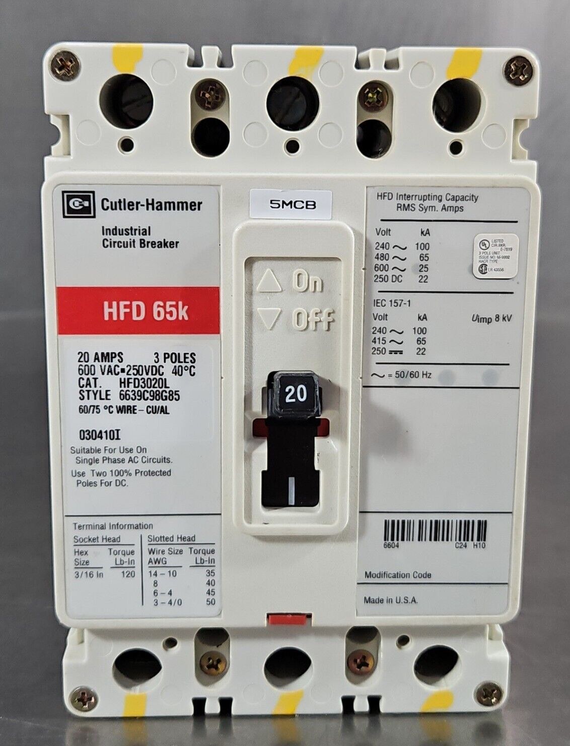 Cutler-Hammer HFD3020L 20A Circuit Breaker (HFD 65K).             Loc 4H
