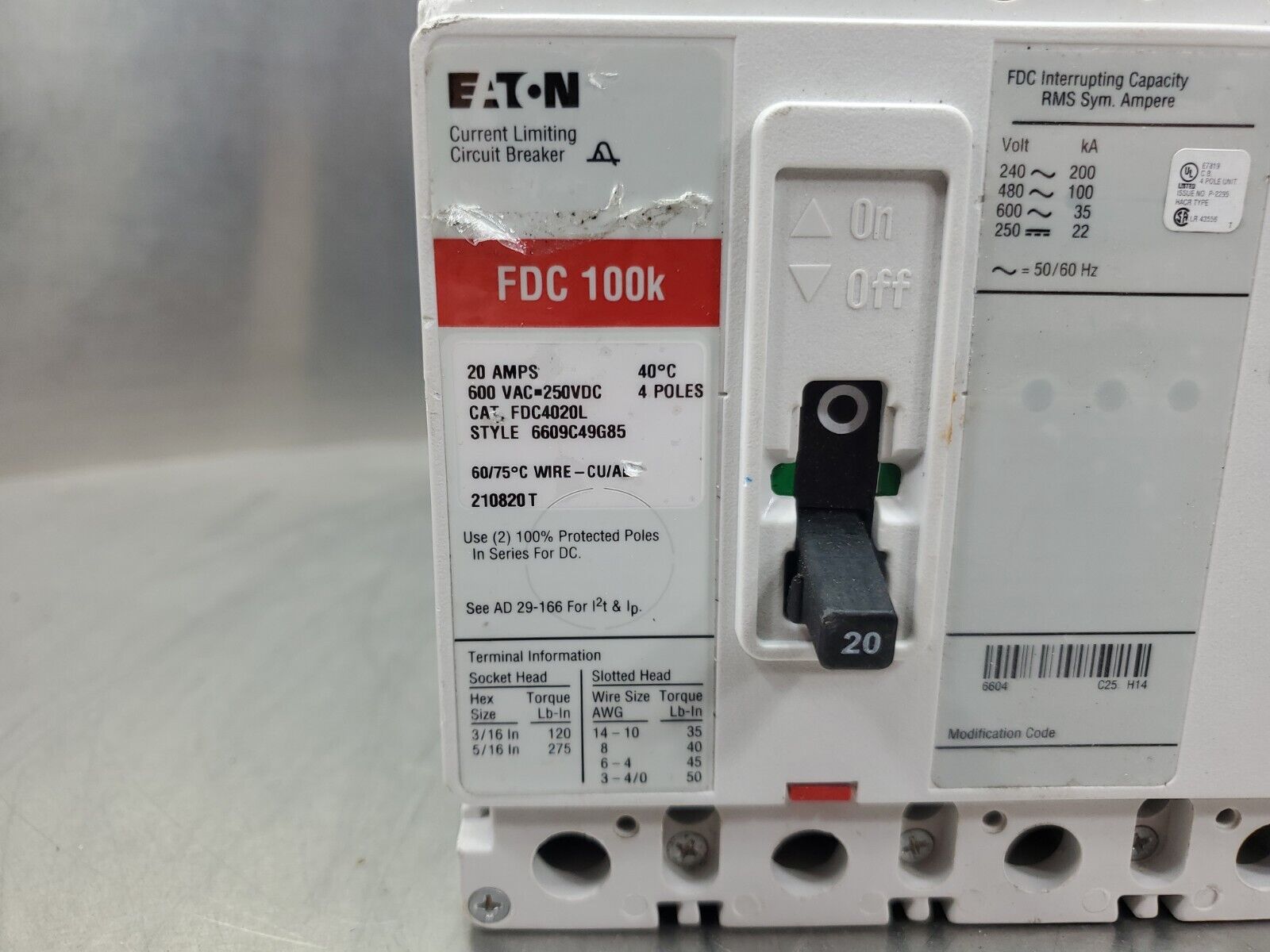 Eaton FDC 100K 20Amp 600VAC Current Limiting Circuit Breaker 4E3