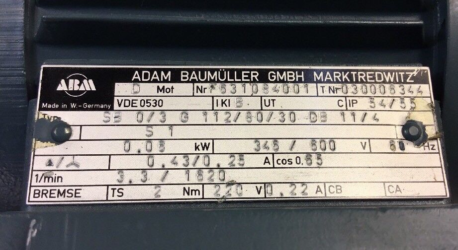 Adam Baumuller G.M.B.H. VDE 0530 SB 0/3 G 112/80/30 DB 11/4 Motor/Gearbox   1L