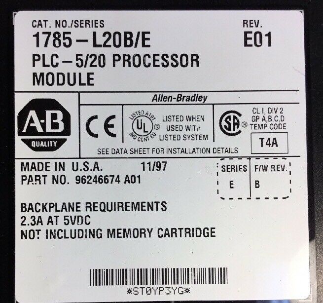 ALLEN-BRADLEY 1785-L20B/E  PLC-5/20 PROCESSOR MODULE Rev. E01.  3C