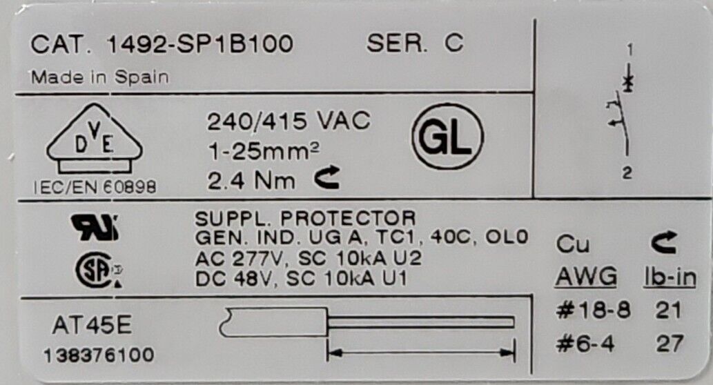 Allen Bradley 1492-SP1B100 Ser C Miniature Circuit Breaker.                4E-21