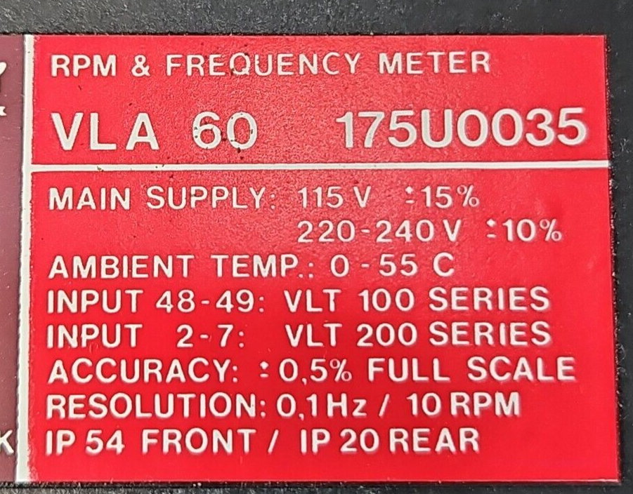 DANFOSS VLA 60 175U0035  FREQUENCY / RPM METER.                         Loc3D-23