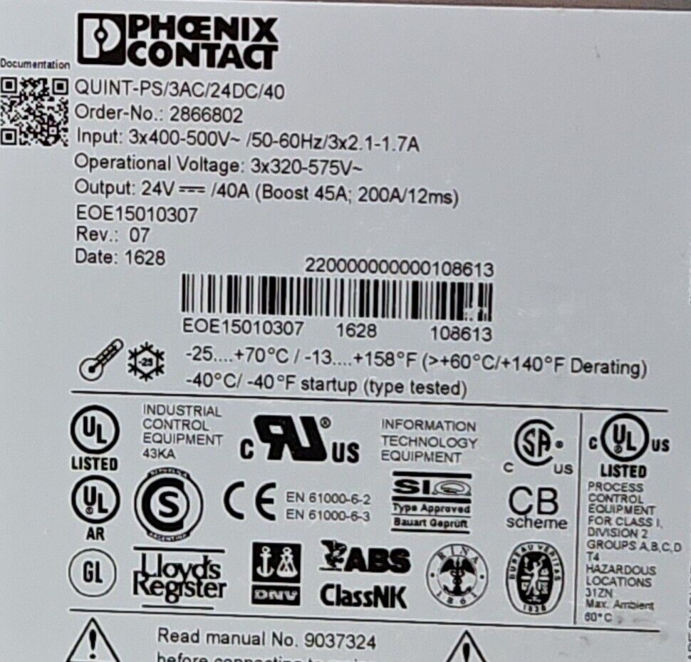 Phoenix Contact QUINT-PS/3AC/24DC/40 Power Supply.                         4E-24