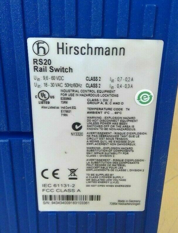 Hirschmann RS20 Rail Switch RS20-0400M2T1SDAEHH04.2.05                        3H