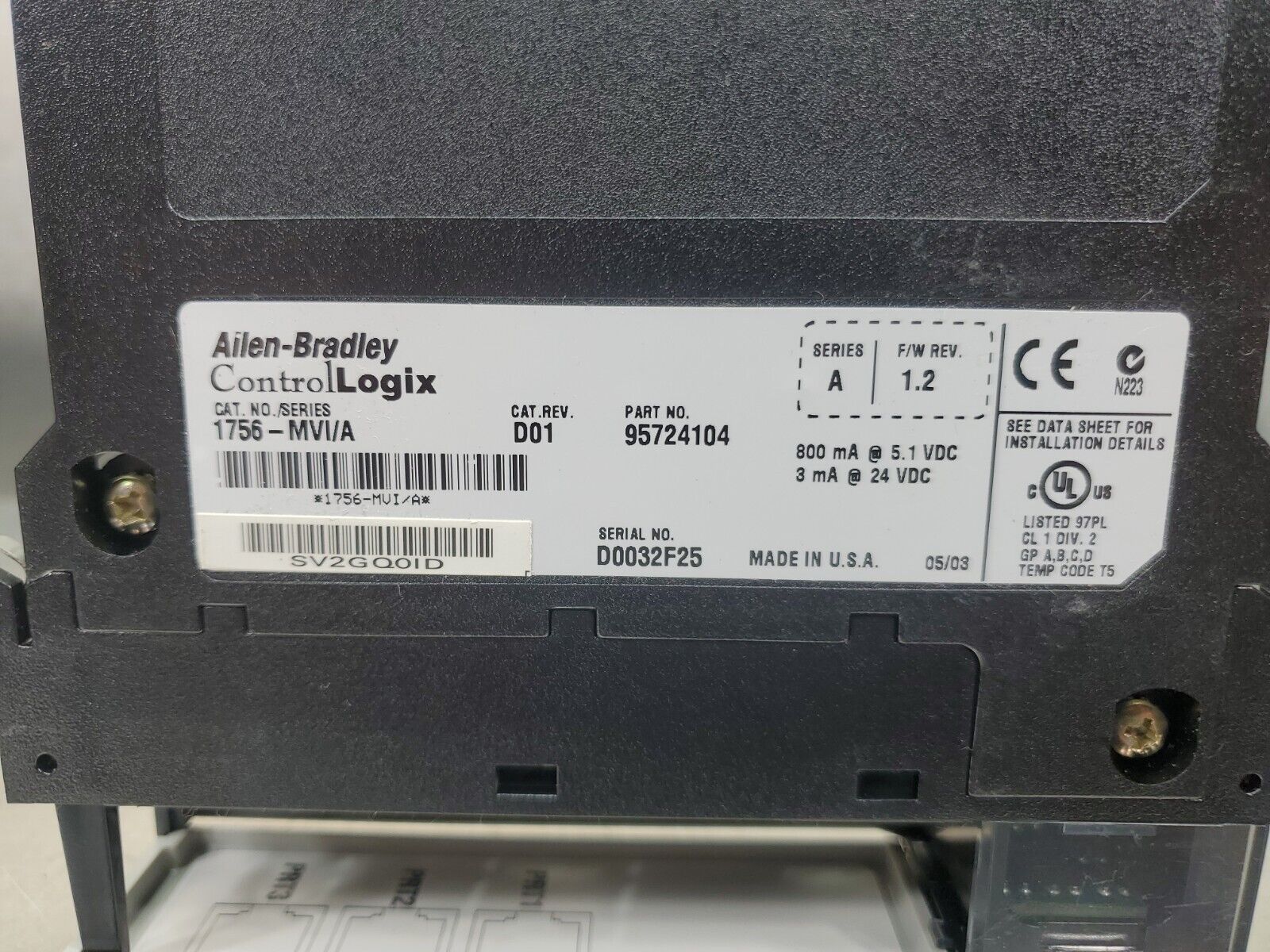 ALLEN BRADLEY ControLogix 1756MVI/A F/W Rev. 1.2 Module. 3CMS