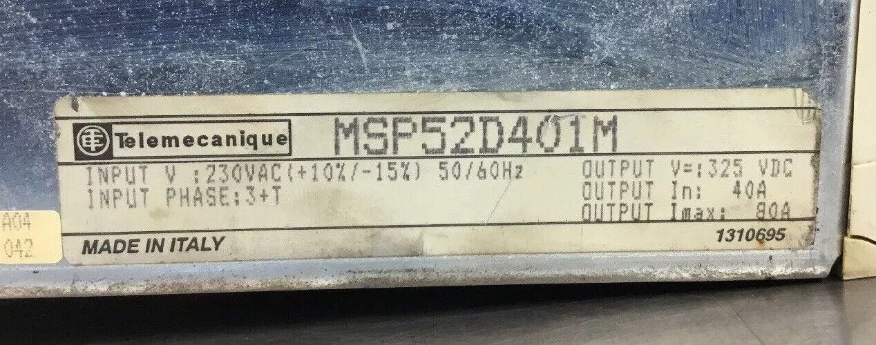 Telemecanique MSP52D401M Power Supply Out: V = :325 Vdc in: 40a, Imax: 80a   3E