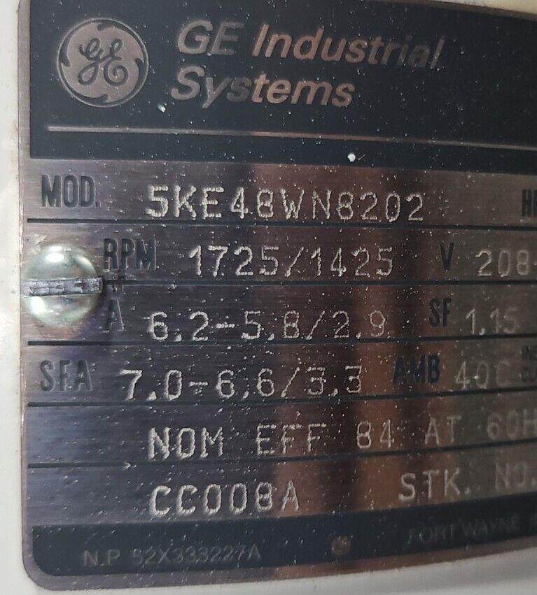 GE 5KE48WN8202 2.0HP 208-230/480V FRAME 145T 1725/1425RPM SERVO MOTOR.  Loc 1E