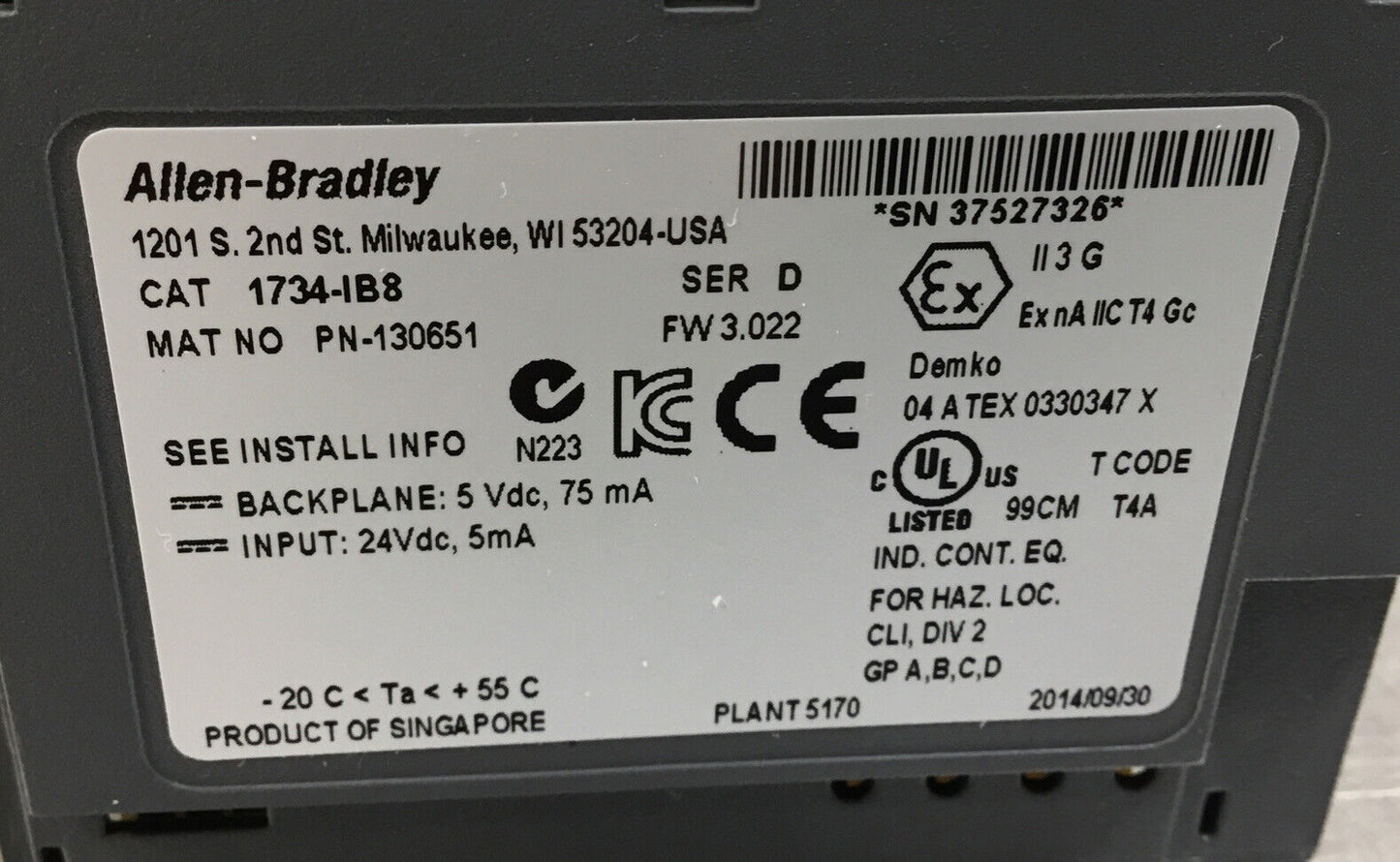 Allen Bradley  1734-IB8 /D  Point I/O Sink Input Module 24VDC 8 Pt   3E-30