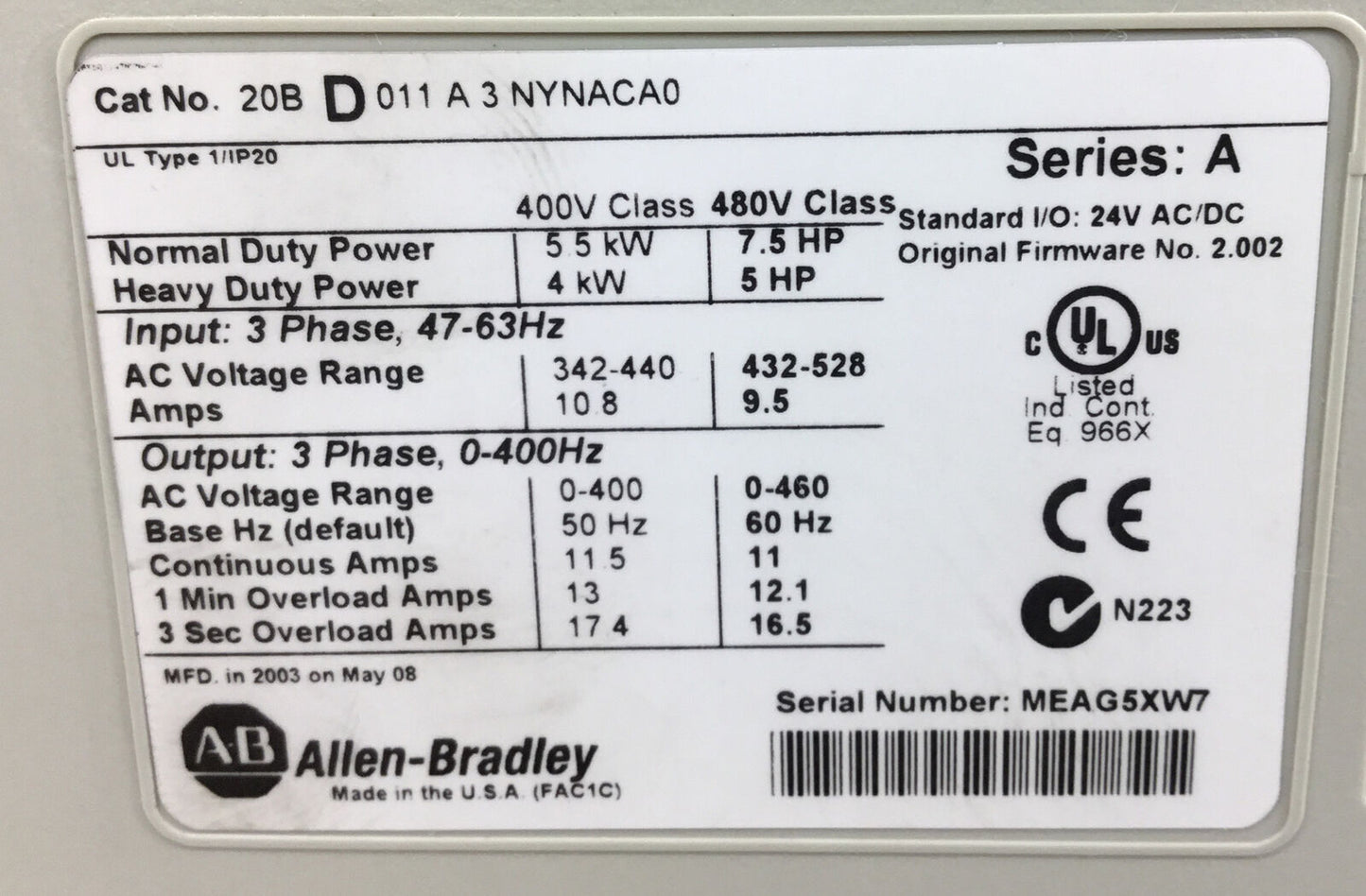 ALLEN BRADLEY  20BD011A3NYNACA0 /A  PowerFlex 700 3Ph 480V 0-400Hz 7.5HP    1C