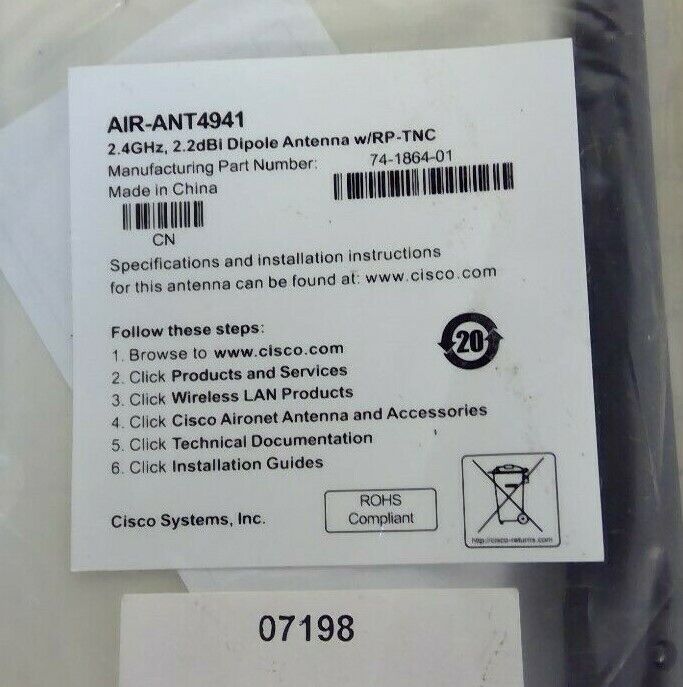 Cisco - AIR-ANT4941 - 2.4GHz, 2.2dBi Dipole Antenna w/RP-TNC - 74-1864-01     3D