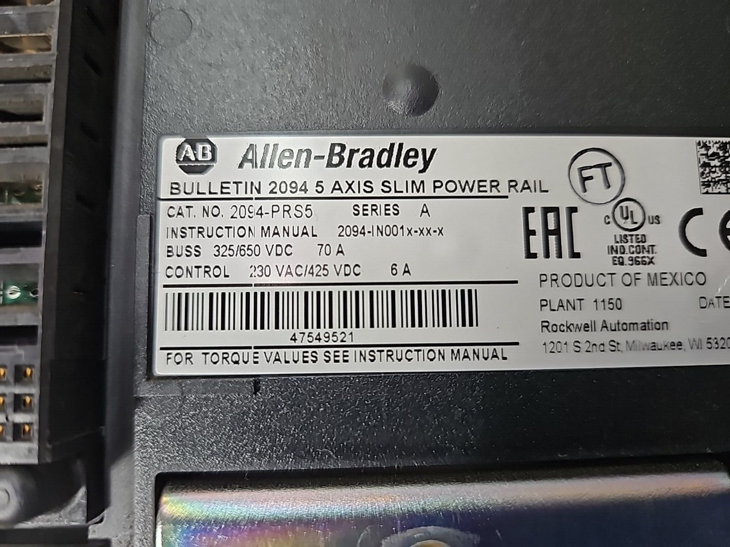 Allen-Bradley Bulletin 2094-PRS5 Axis Slim Power Rail.                    Loc 1F