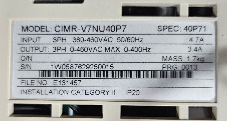 YASKAWA CIMR-V7NU40P7 SPEC:40P71 PRG:0013 VARISPEED DEVICE NET.  Loc 1B-5