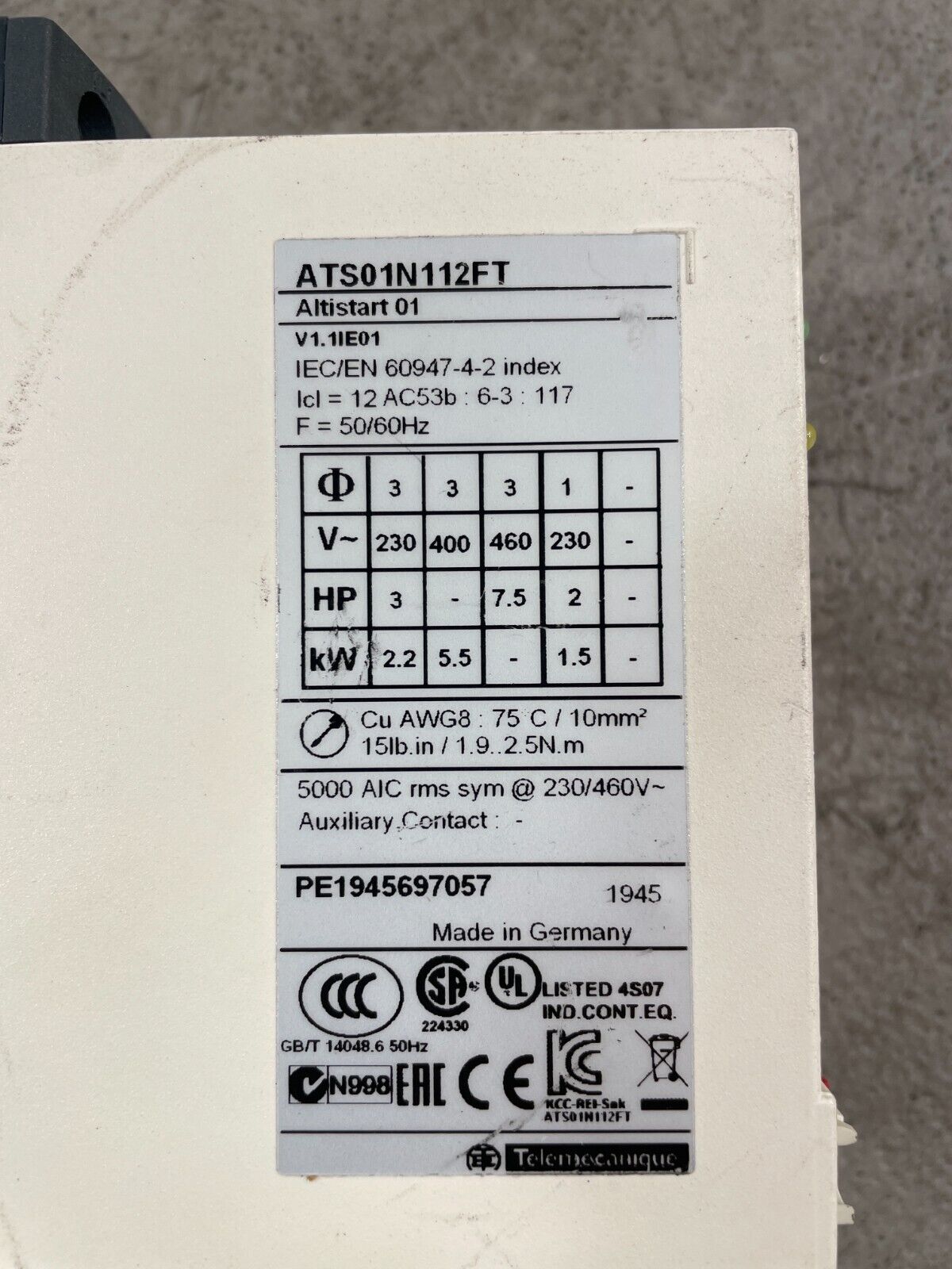 Schneider Electric ATS01N112FT Altistart White 9A 110/480V Soft Starter LOC-2D