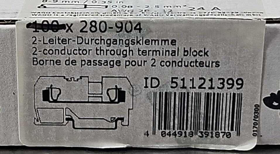 WAGO 280-904 Conductor Through Terminal Block. Box with 60. Loc 3E-48 ...