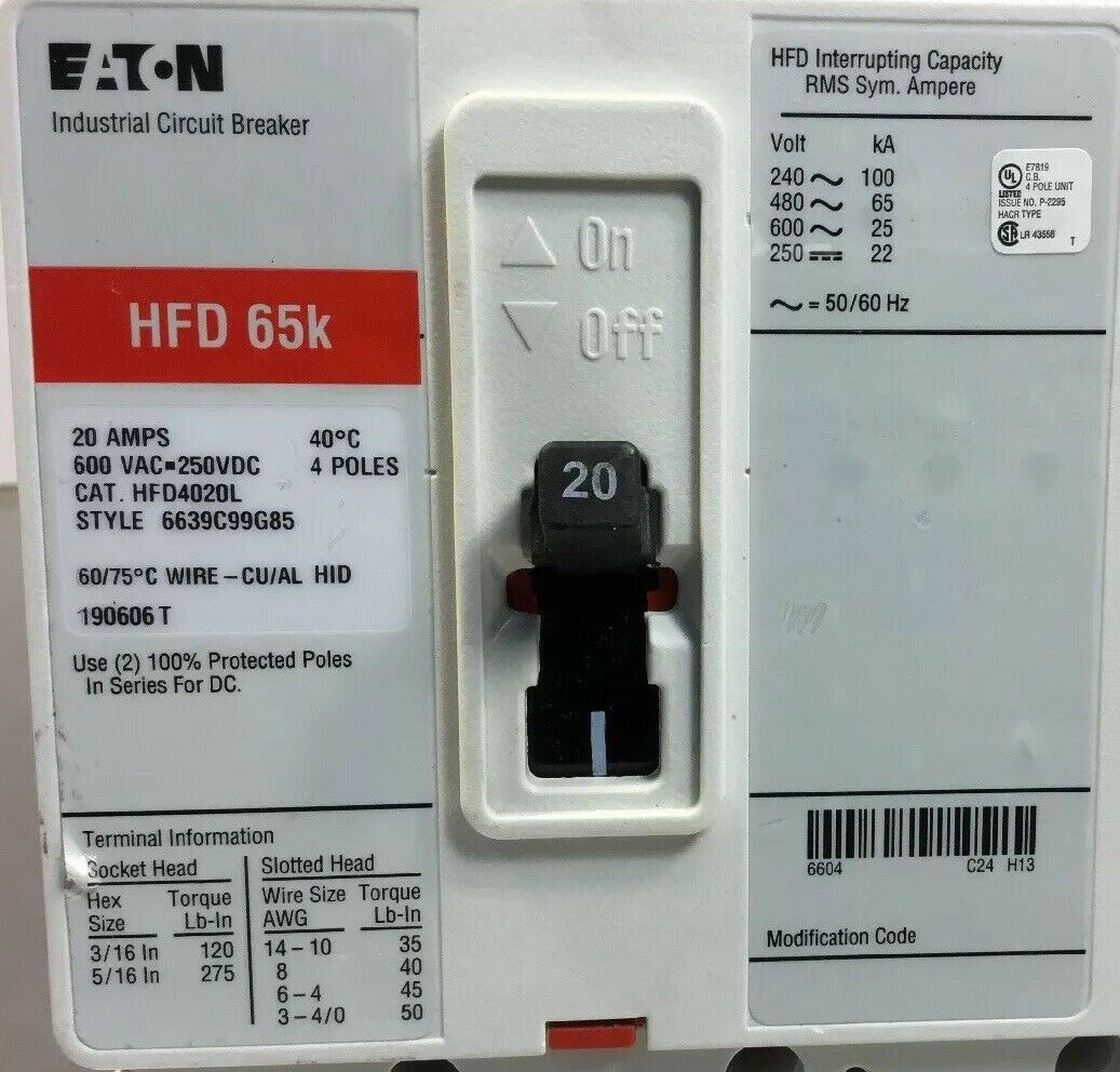 Eaton Cutler-Hammer HFD4020L 20A Circuit Breaker HFD 65K 600V 4 Poles     4D
