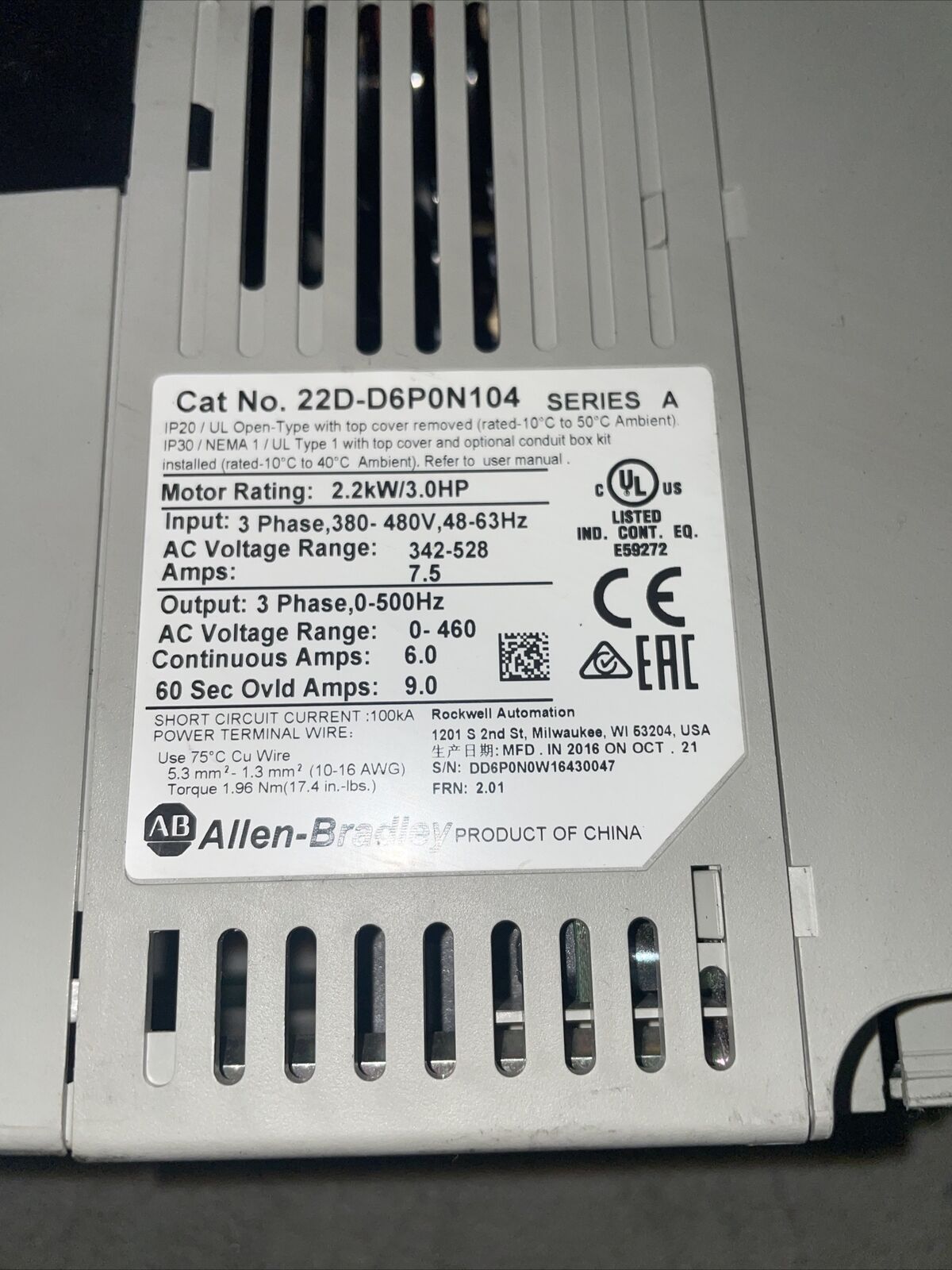 22D-D6P0N104 Allen Bradley PowerFlex 40P Drive 3HP Series A VFD Variable Drive