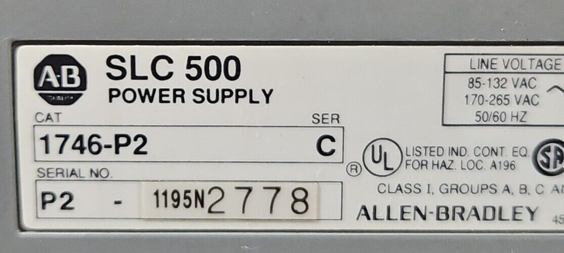 Allen Bradley 1746-P2/C Power Supply with 1746-A10/B  Slot Rack.     Loc 3D