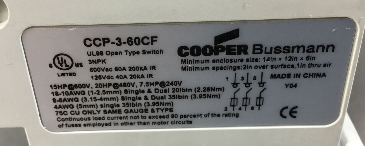 EATON CORPORATION  CCP-3-60CF  Switch 60A 600VAC 3 Pole     Loc.4A