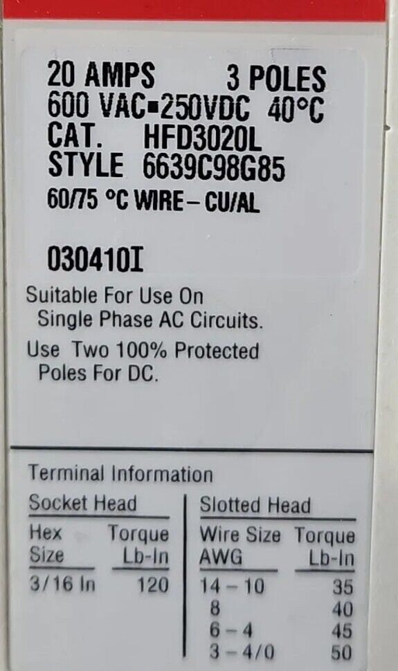 Cutler-Hammer HFD3020L 20A Circuit Breaker (HFD 65K).             Loc 4H