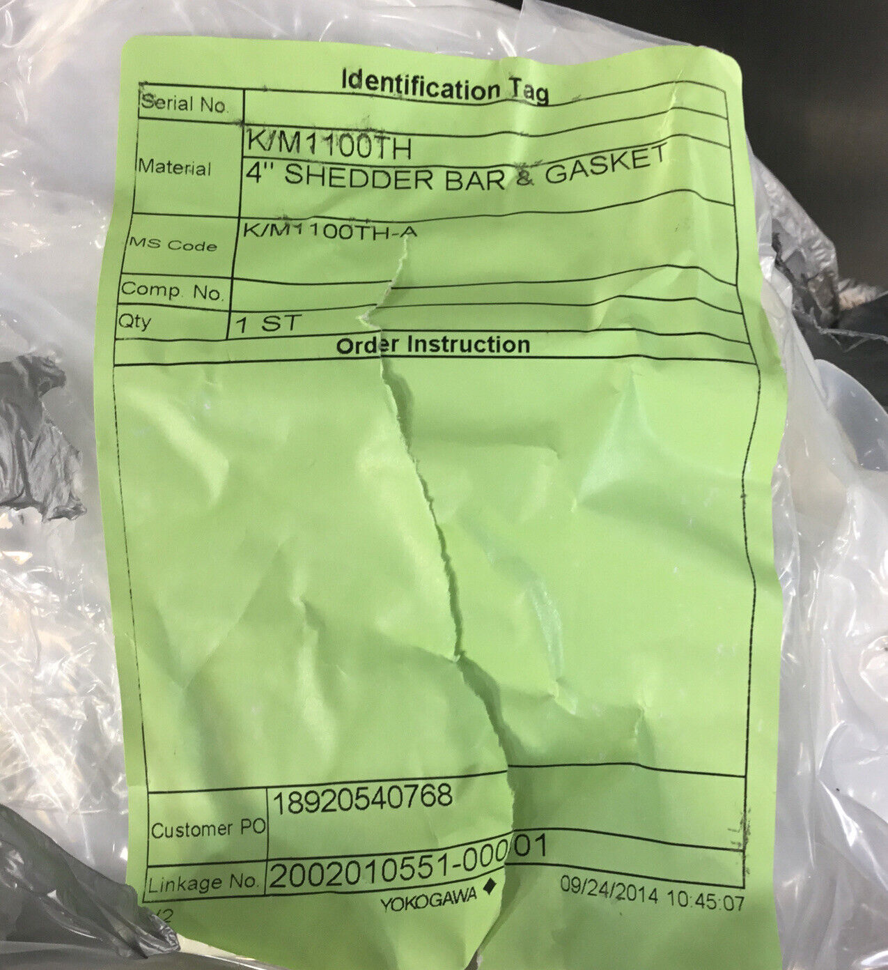 Yokogawa 4” Shedder Bar & Gasket  K/M1100TH   KM1100TH    Loc.6A