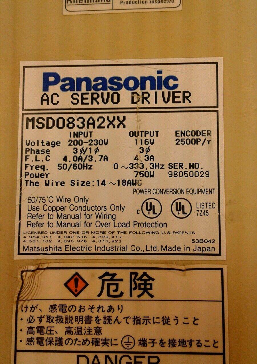 Panasonic AC Servo Driver MSD083A2XX Output 116V 3PH 4.3A 750W.     1E
