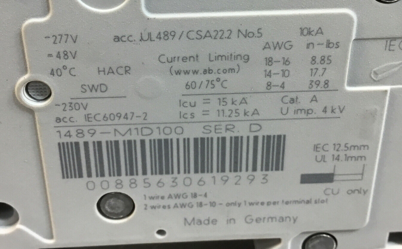 Allen Bradley  1489-M1D100 /D   D Curve 10A 1 Pole     4C