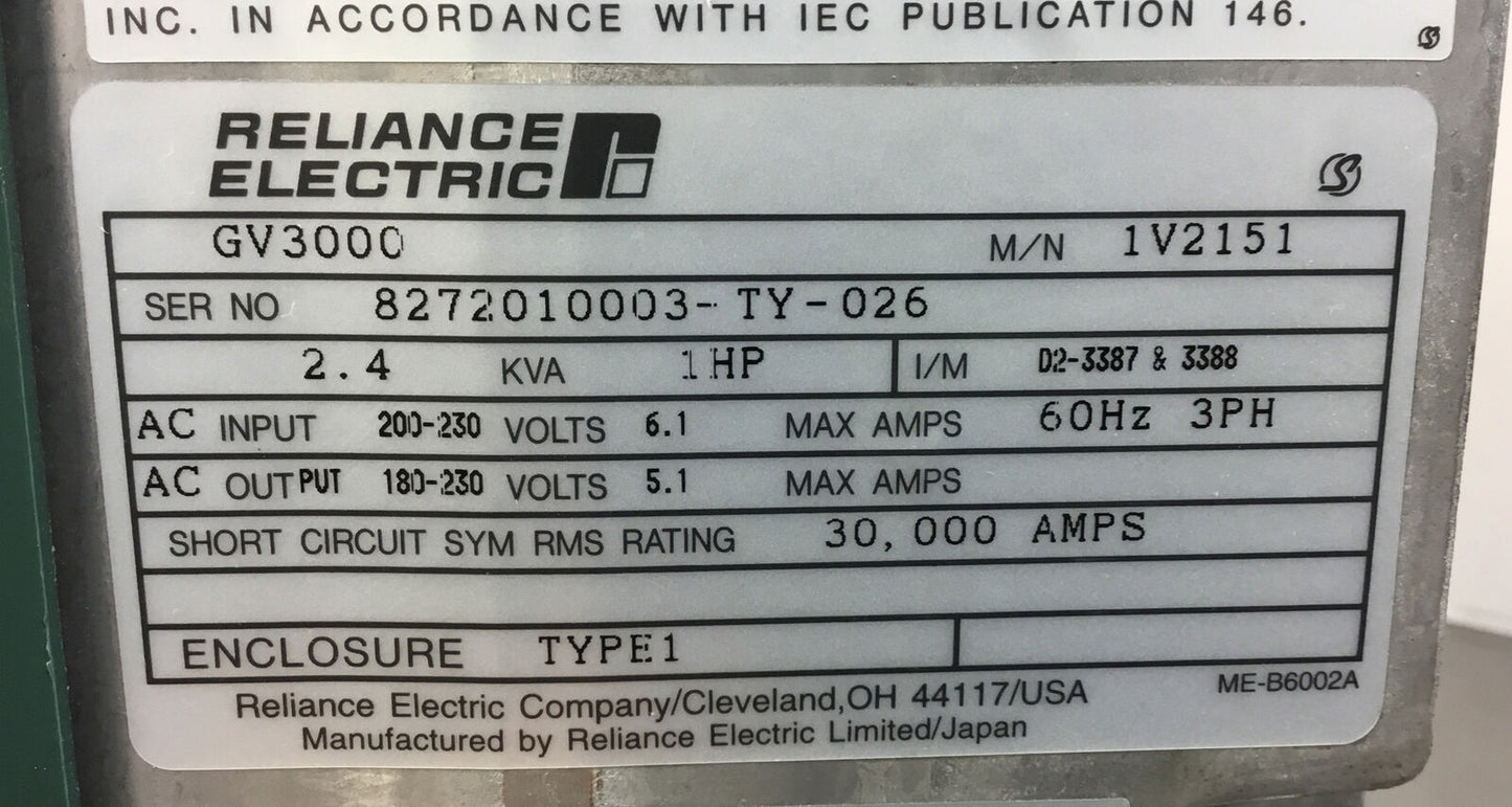 Reliance Electric GV3000 1 HP 1V2151 Vector Inverter 230 VAC   1B