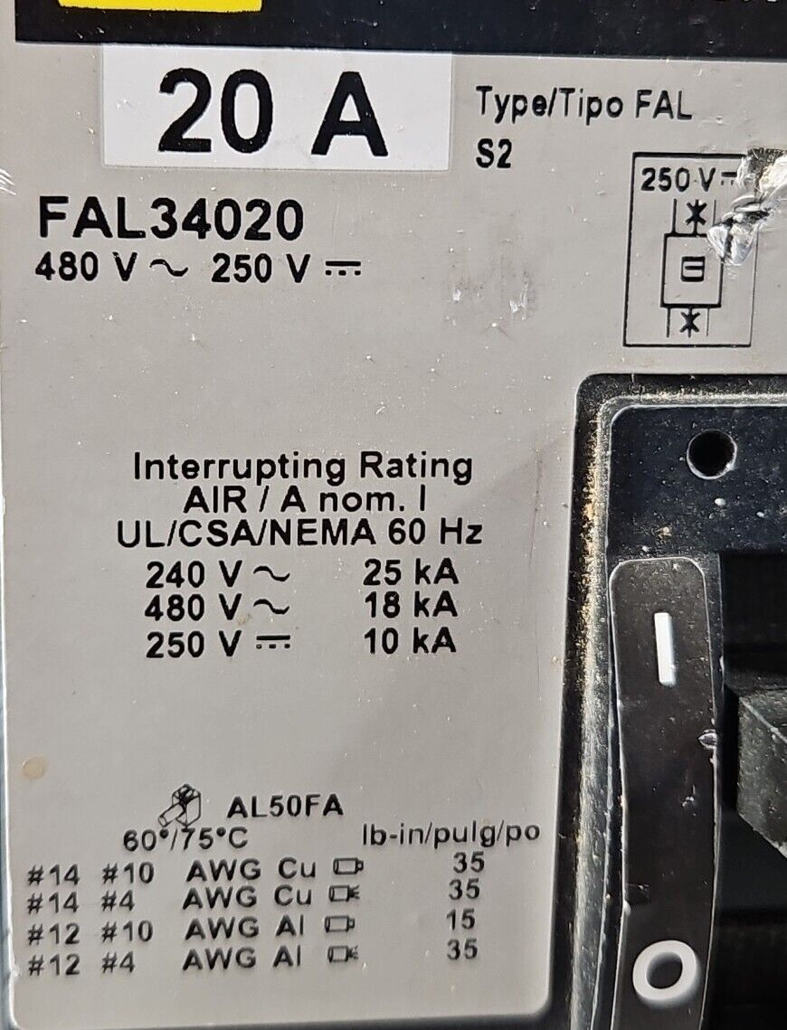 Square D FAL34020 CIRCUIT BREAKER INTERRUPTOR 20A.                     Loc5E-16