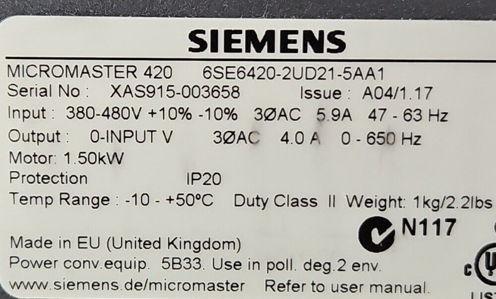 Siemens 6SE6420-2UD21-5AA1 Micromaster 420 Inverter AC Drive.               1B-1