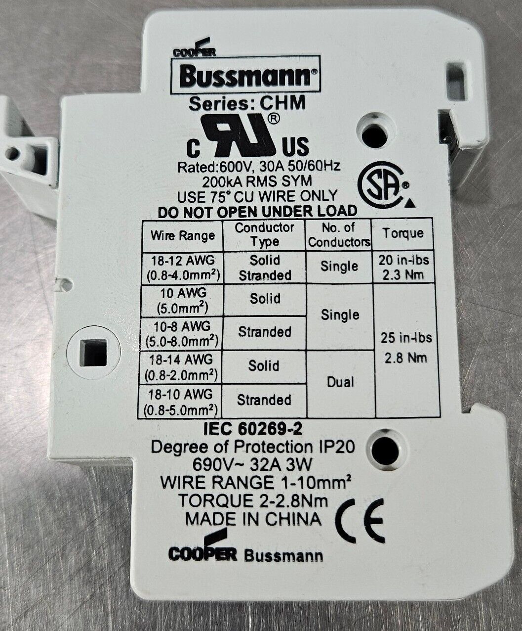 Bussmann CHM Fuse Block - Rated:600V, 30A 50/60Hz200kA - Lot of 2.      Loc 4C-3