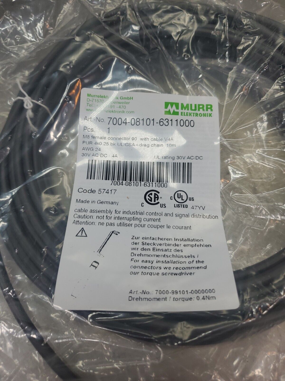 MURR ELEKTRONIK 7004-08101-6311000  Cable w/M8 Female Connector.            1-B1