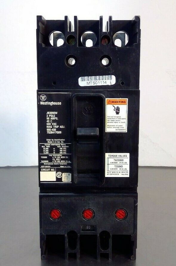 Westinghouse JB3090W 3 Pole Circuit Breaker - 90 AMPS 600 VAC               4E-3