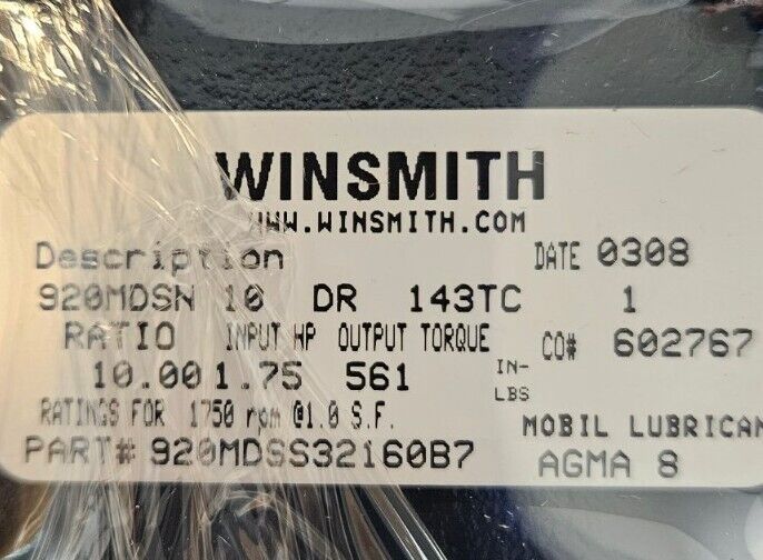 WINSMITH 920MDSS32160B7 SPEED REDUCER 10:1 1.75 INPUT HP 561 OUTPUT TQ.   Loc 1E