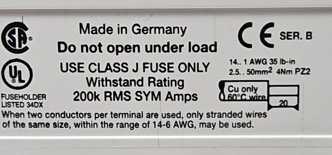 Allen Bradley 1492-FB2J60-L Fuse Holder Ser B. 600V, 60A. 2 Poles.        4D-18