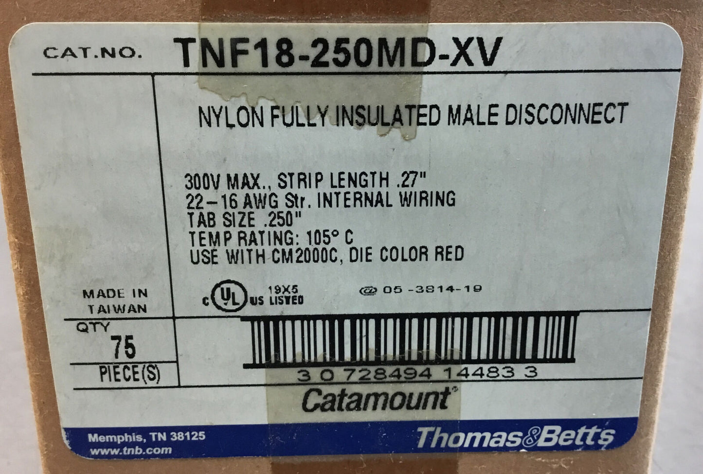 Thomas & Betts  TNF18-250MD-XV  Nylon Insulated Male Disconnect 75 Per Box   4B