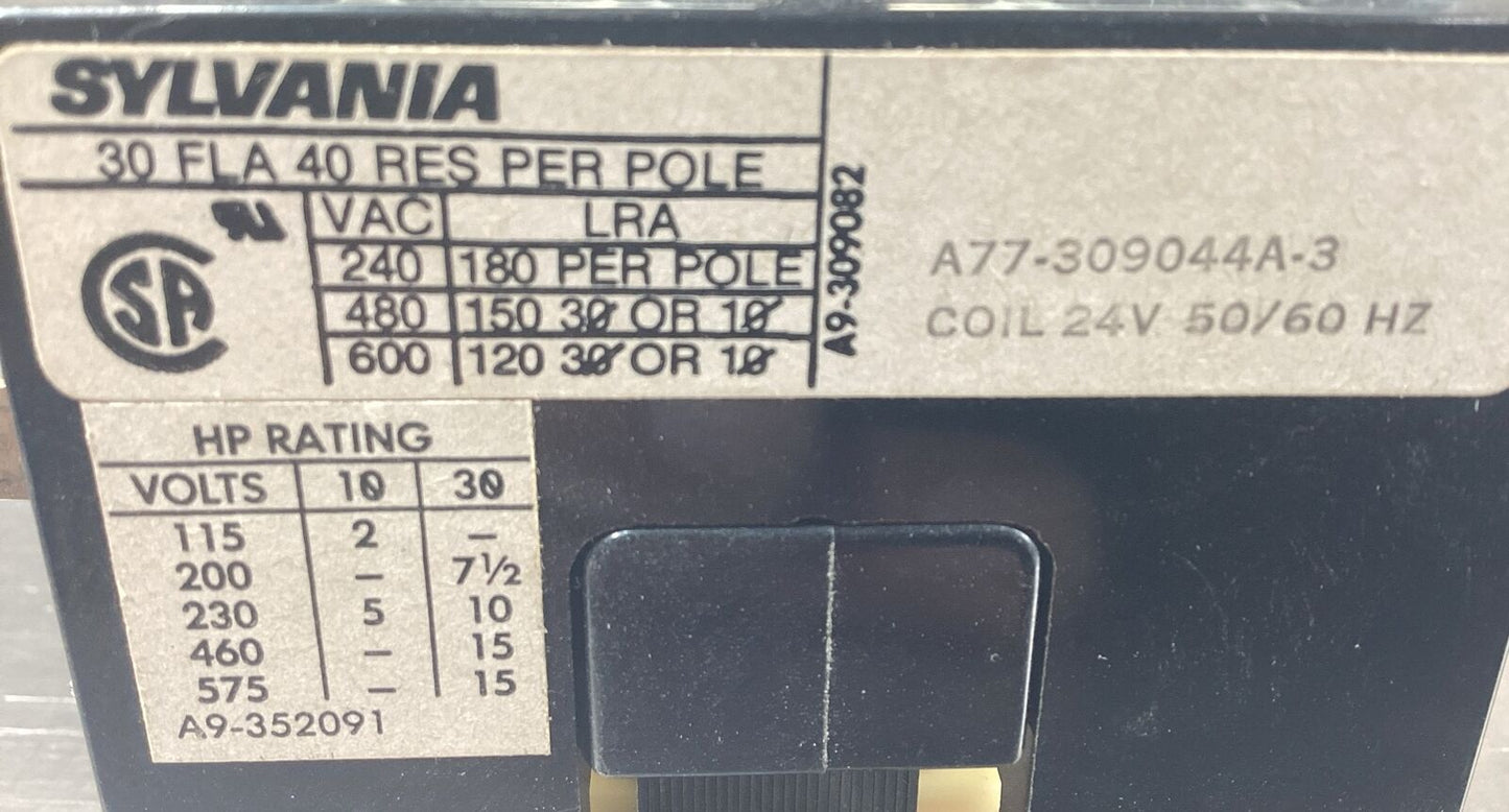 SYLVANIA  DP3C303-24  CONTACTOR 30 AMP  A77-309044A-3  3P 24V Coil     4E-34