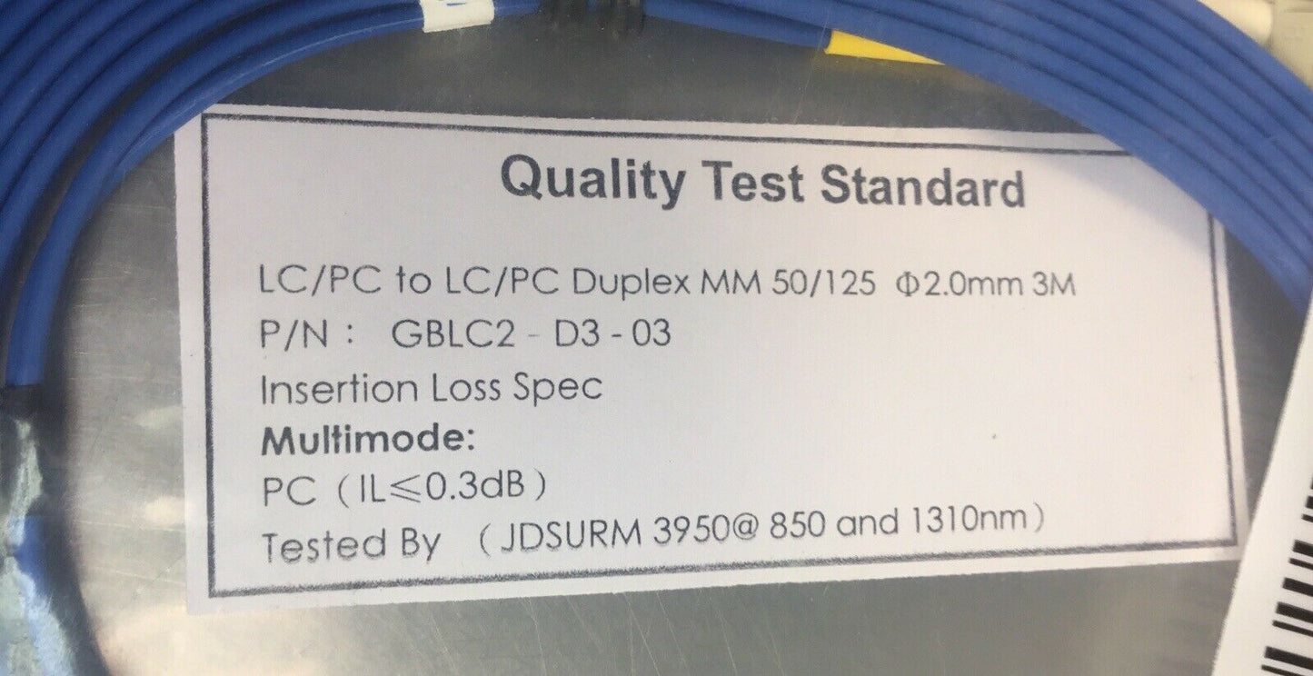Allen Tel LC-LC Duplex MM 3meter patchcord GBLC2-D3-03 Blue Fiber Optic.  5E