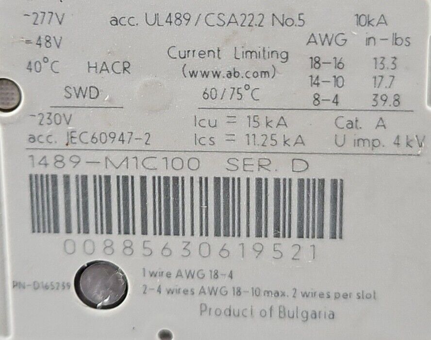 Allen Bradley 1489-M1C100 Ser D. Circuit Breaker.                          4E-24