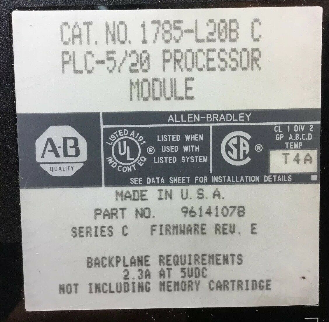 ALLEN-BRADLEY 1785-L20B/C PLC-5/20 PROCESSOR MODULE Firmware Rev. E   3C