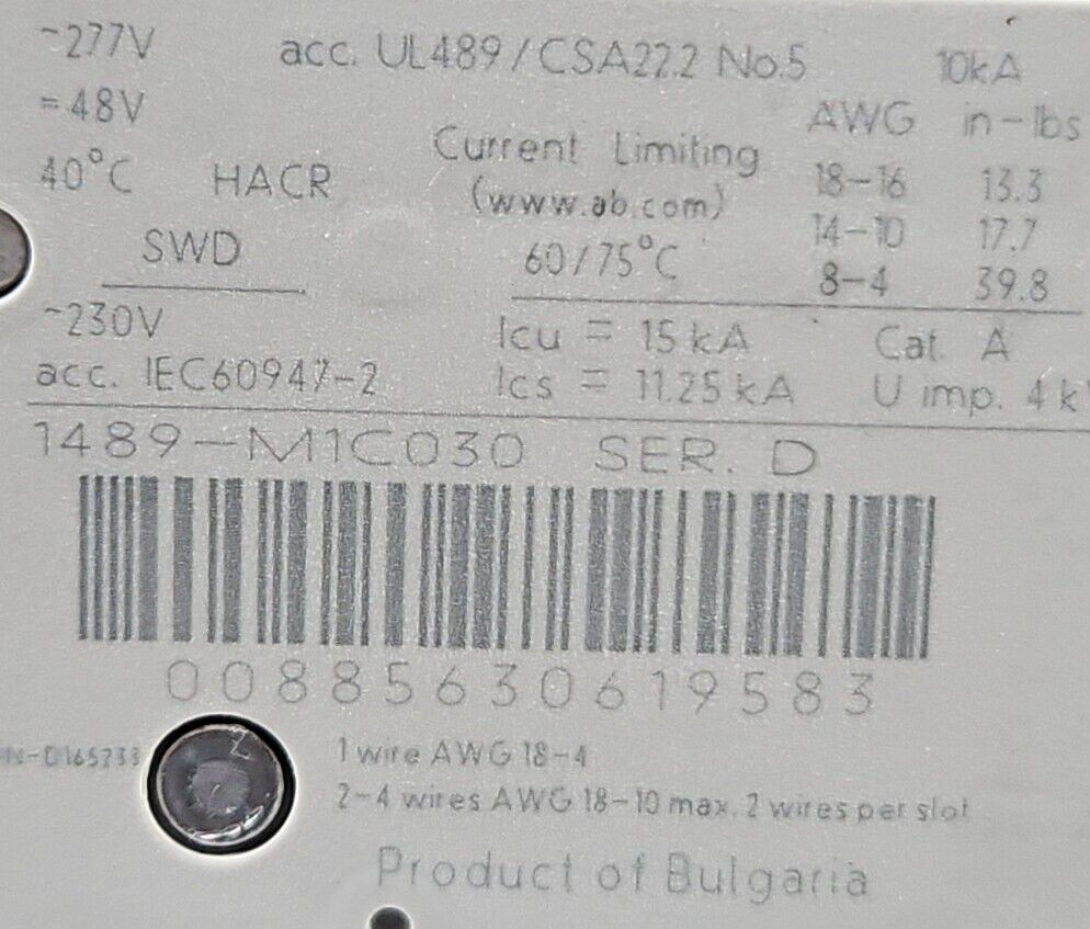 Allen Bradley 1489-M1C030. Ser D. Circuit Breaker.                         4E-22