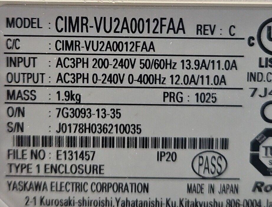 Yaskawa CIMRVU2A0012FAA PRG:1025. Servo Driver.                           Loc 1C