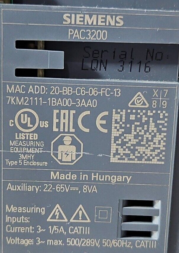 Siemens PAC3200 7KM2111-1BA00-3AA0 Meter w/ 7KМ9300-0АЕ01-0AA0.      3B-18