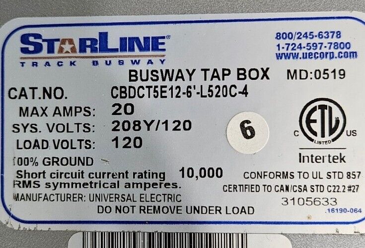 STARLINE Busway Tap Box CBDCT5E12-6'-L520C-4. 20A. 120V. Loc 6D ...