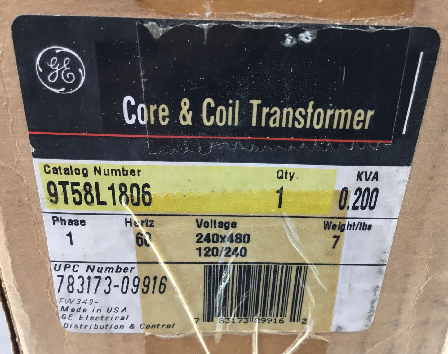 GENERAL ELECTRIC  9T58L1806  Core & Coil Transformer 1Ph 0.200 KVA      4C-20