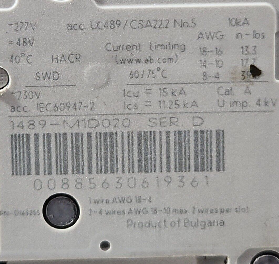 Allen Bradley 1489-M1D020 Ser D. Circuit Breaker - 1 Pole.                 4E-20