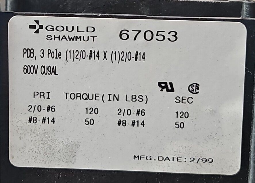 Gould SHAWMUT 67053 POWER DISTRIBUTION BLOCK 3 POLE 600V.               Loc4E-28